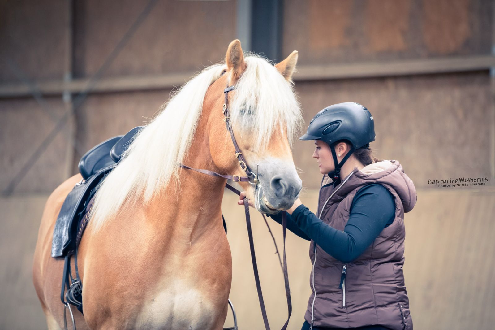 Reiterin steht bei ihrem Haflinger, hält das Gebiss in der Hand und lobt ihn — Handarbeit in der Pferdeausbildung